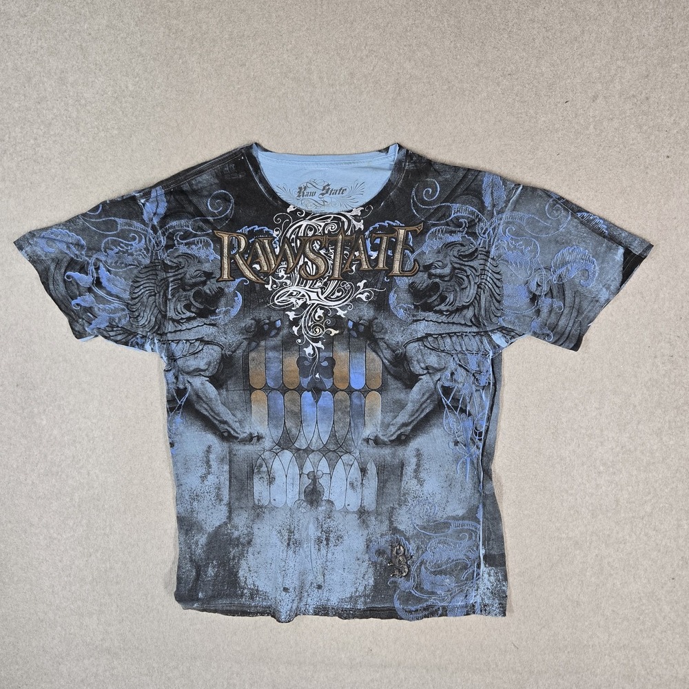 Raw State Men Shirt L Blue Graphic Lions Gothic Spellout Tee Logo